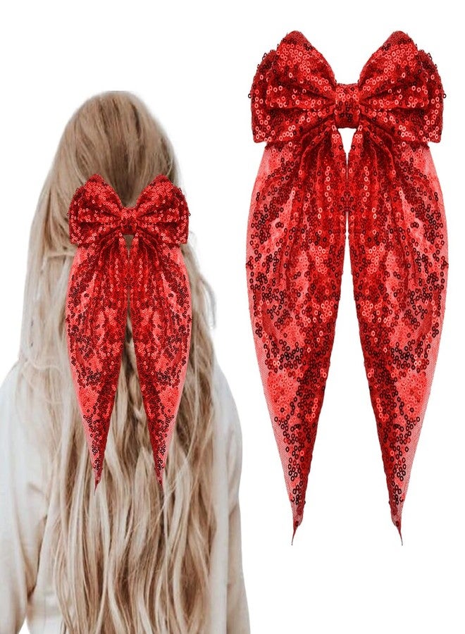 Kefley Large Sequin Red Bows Hair Clips with Long Ribbon Tail Christmas Hair Bows for Women Festival Cheerleader Hair Bows Clips Barrettes Ponytail Holder - Image 1